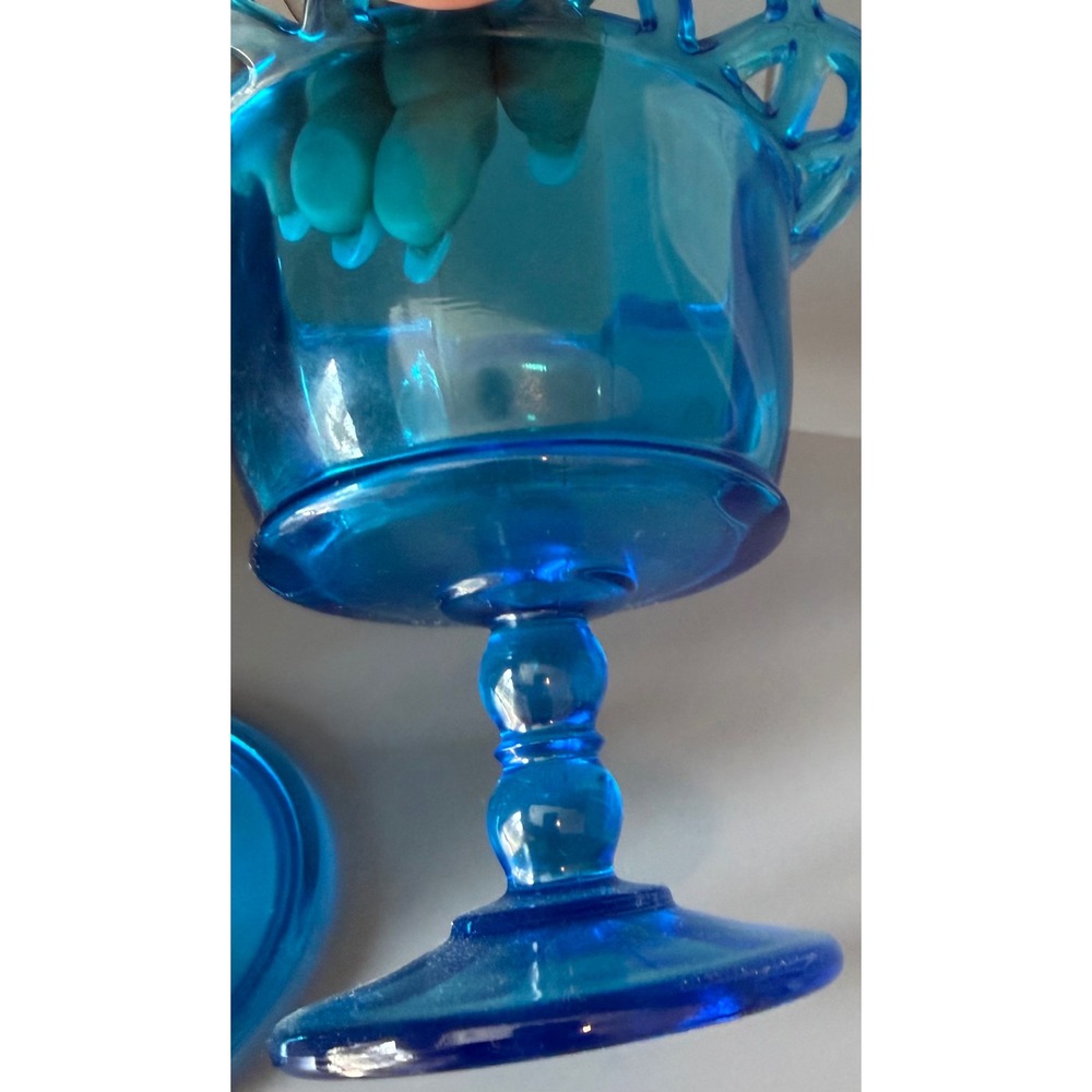 Vintage Blue Glass Candy Dish with Lid Reticulated Edge Pedestal Compote Bowl - Picture 2 of 5